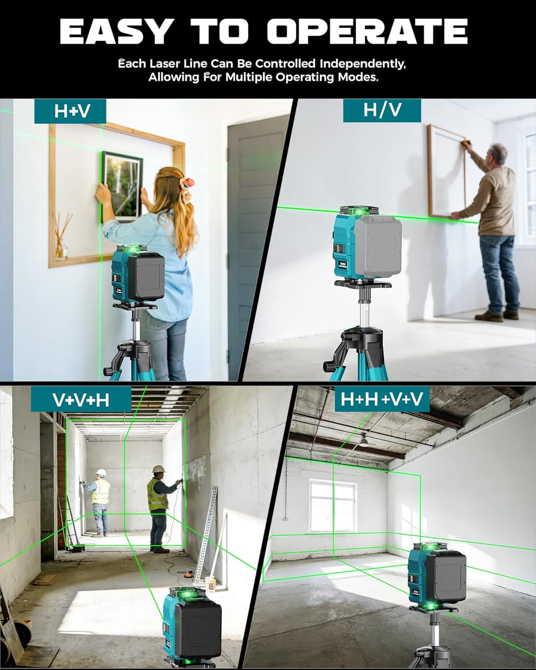 Ecarke 4D Kreuzlinienlaser Grün 16 Linien 4x360° mit Stativ, kompatibel mit Makita 18V Akku, Selbstn