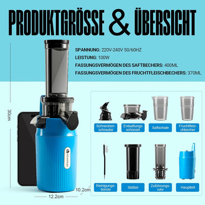 Ventray Ginnie Entsafter - Slow Juicer mit 60 U/min Niedriger Geschwindigkeit, Entsafter Gemüse und
