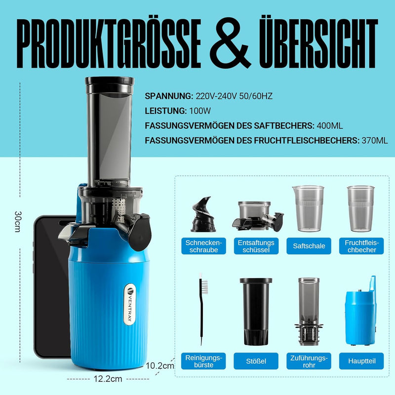 Ventray Ginnie Entsafter - Slow Juicer mit 60 U/min Niedriger Geschwindigkeit, Entsafter Gemüse und