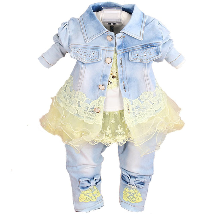 Yao Baby kleidung,Baby Mädchen Kleidungsset 3tlg Button-Stil Jeansjacke gestickte langarm T-Shirt un