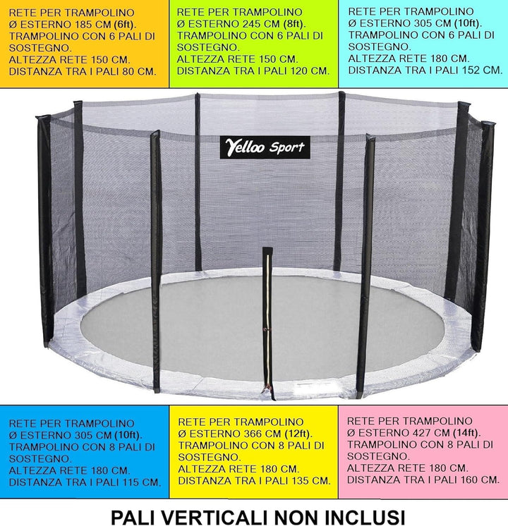 yelloo Ersatz-Trampolin für Sicherheitsnetz 185 245 305 366 427 cm Salto 10 m Netz für Ø 305 cm (8 p