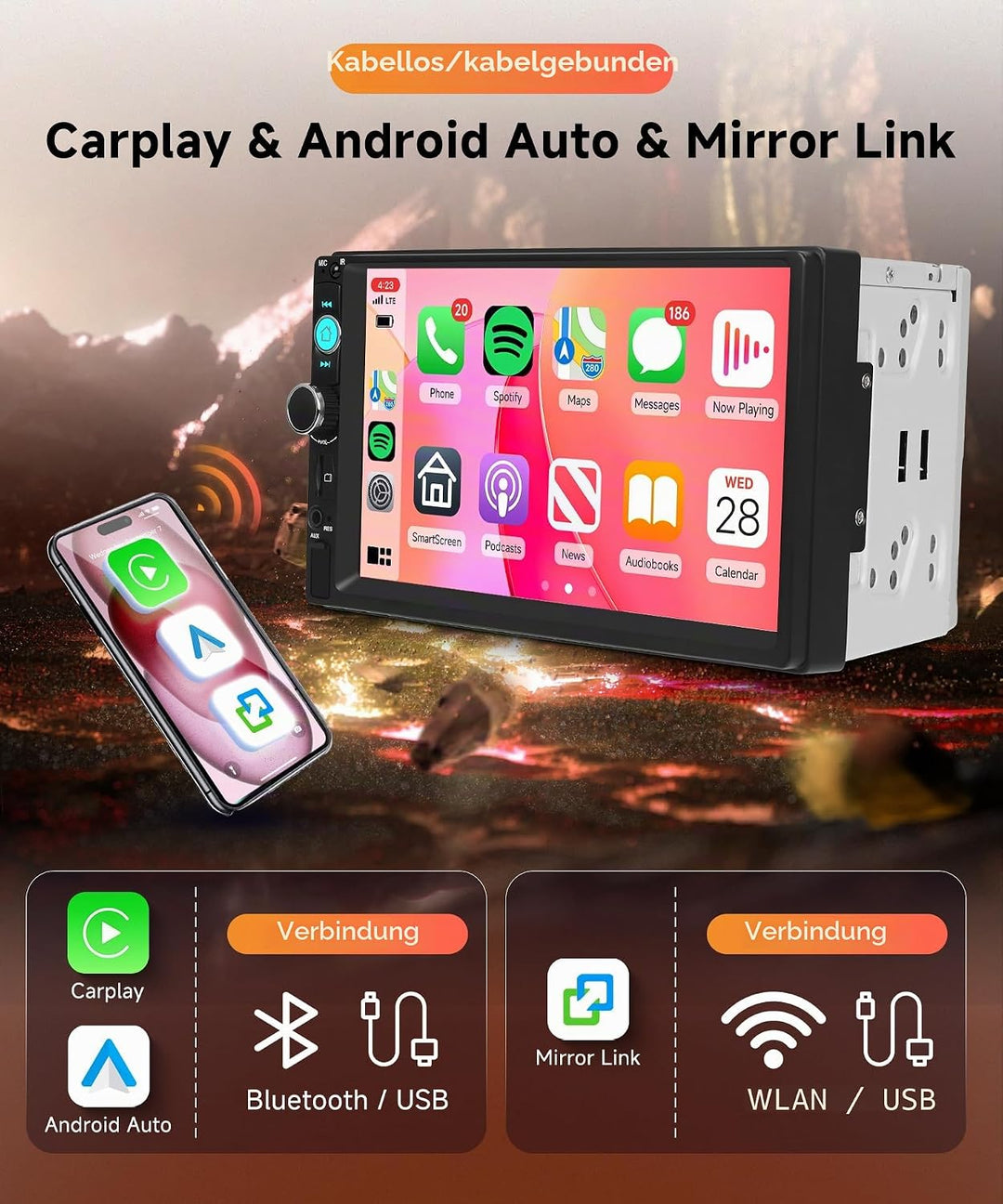 Rimoody DAB+/DAB Autoradio 2 Din mit Wireless Carplay Android Auto Bluetooth 5.2, 7 Zoll Touchscreen