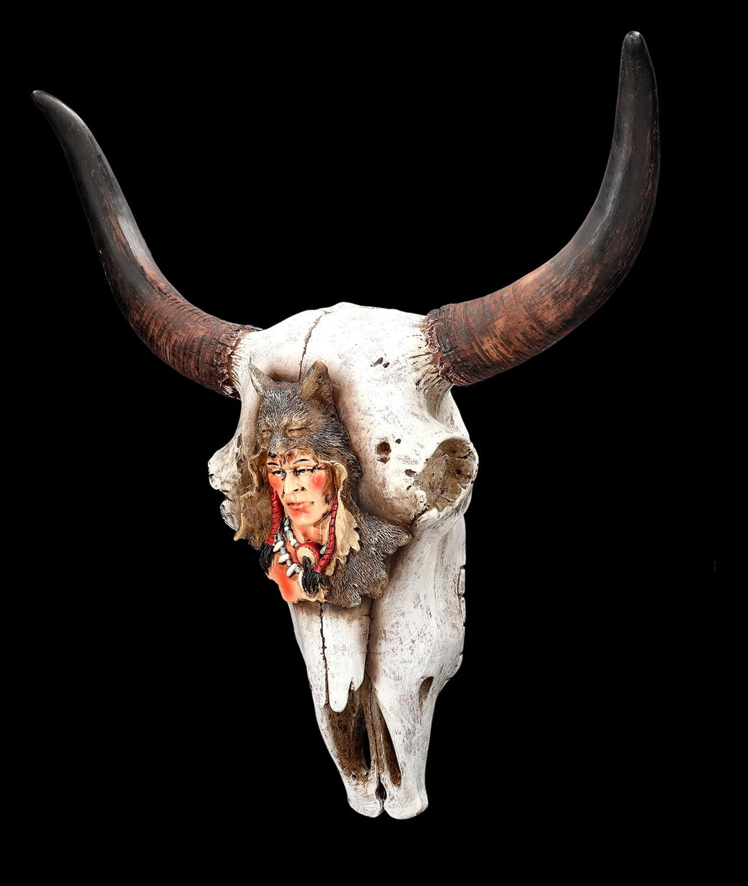 Figuren Shop GmbH Wanddeko Totenkopf Rind mit Indianer Relief 35 cm gross - Relief mit Hörnern | Tro