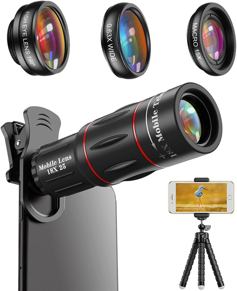 APEXEL Camera Lens Kit 18x Monocular Telescope, 0,63x Weitwinkel, 15x Makroobjektiv, 198 ° Fisheye-O