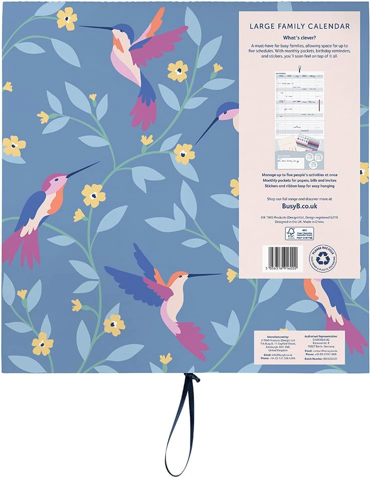 Busy B - Grosser Familien-Wandkalender 2026 - Vögel Design mit 5 Spalten & Aufbewahrungstaschen - Mo
