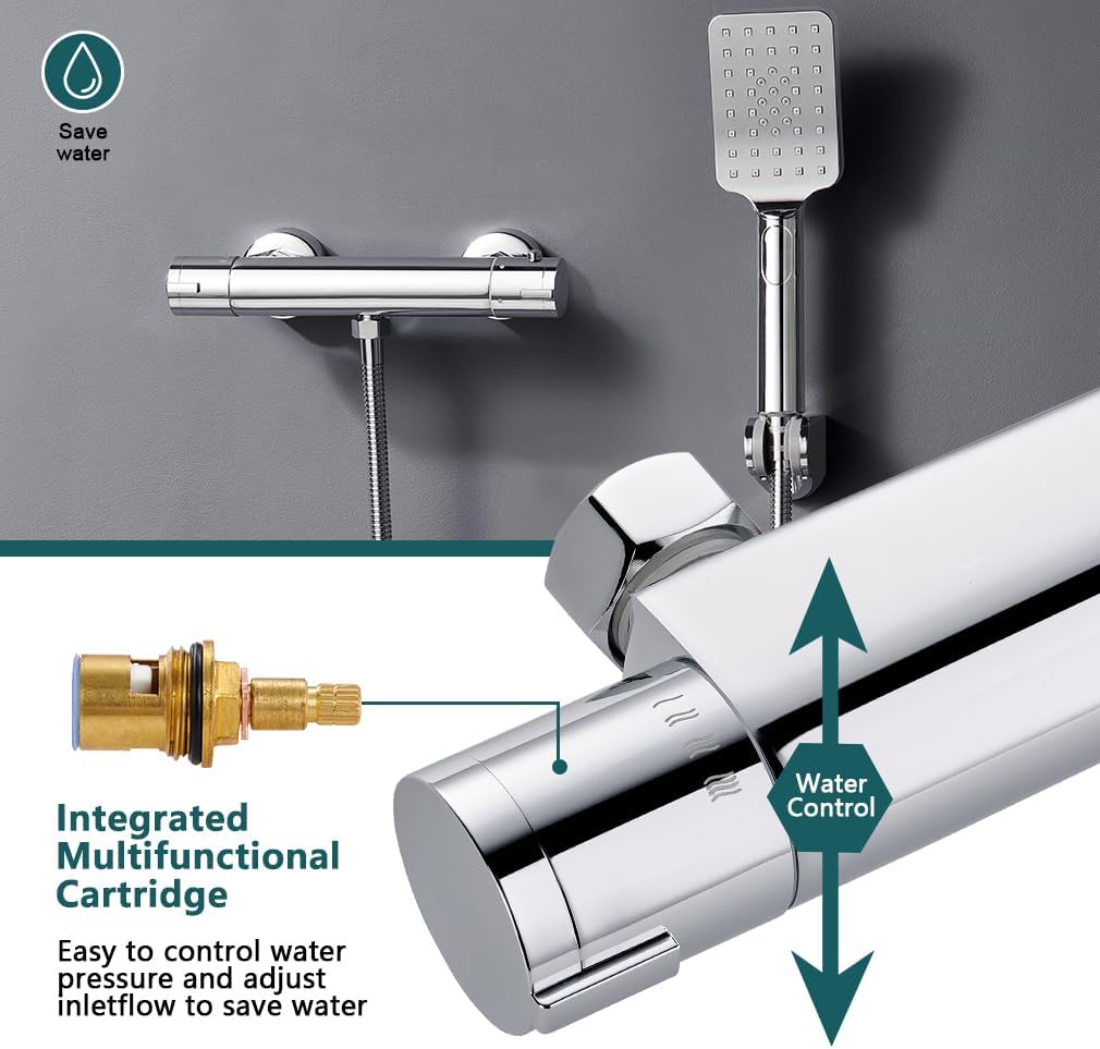 Duscharmatur mit Thermostat, Aufputz Mischbatterie Dusche mit 38°C Sicherheitstaste, Chrom Thermosta
