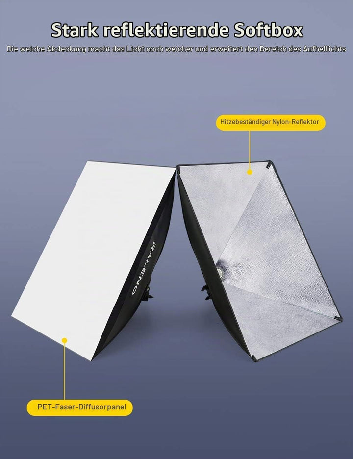RALENO Softbox Fotostuido Set, 50 x 70cm Fotografie-Dauerbeleuchtungssystem mit 2 x 85W 5500K Glühbi
