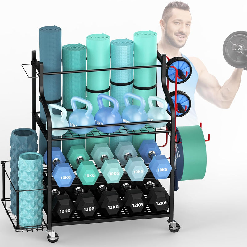 Hantelständer - ZACHVO Yoga Matte Hantelablage - Dumbbells Regal für Home Gym mit 4 Rädern und 8 Hak