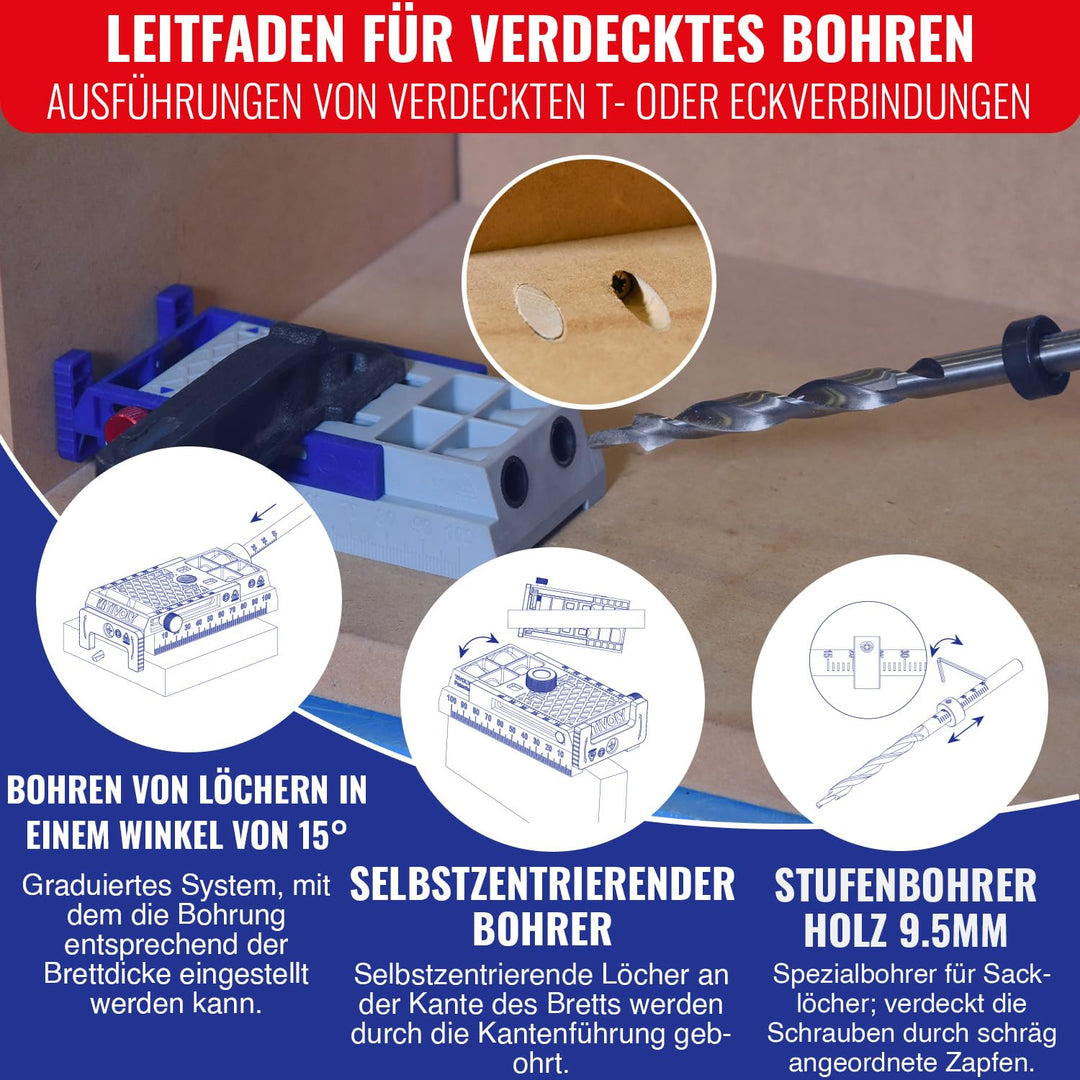 Tivoly 11110220006 Set 8-teilig "unsichtbare Montage", mit Winkelführung 15°, Stufenbohrer, Ø9,5 x 2