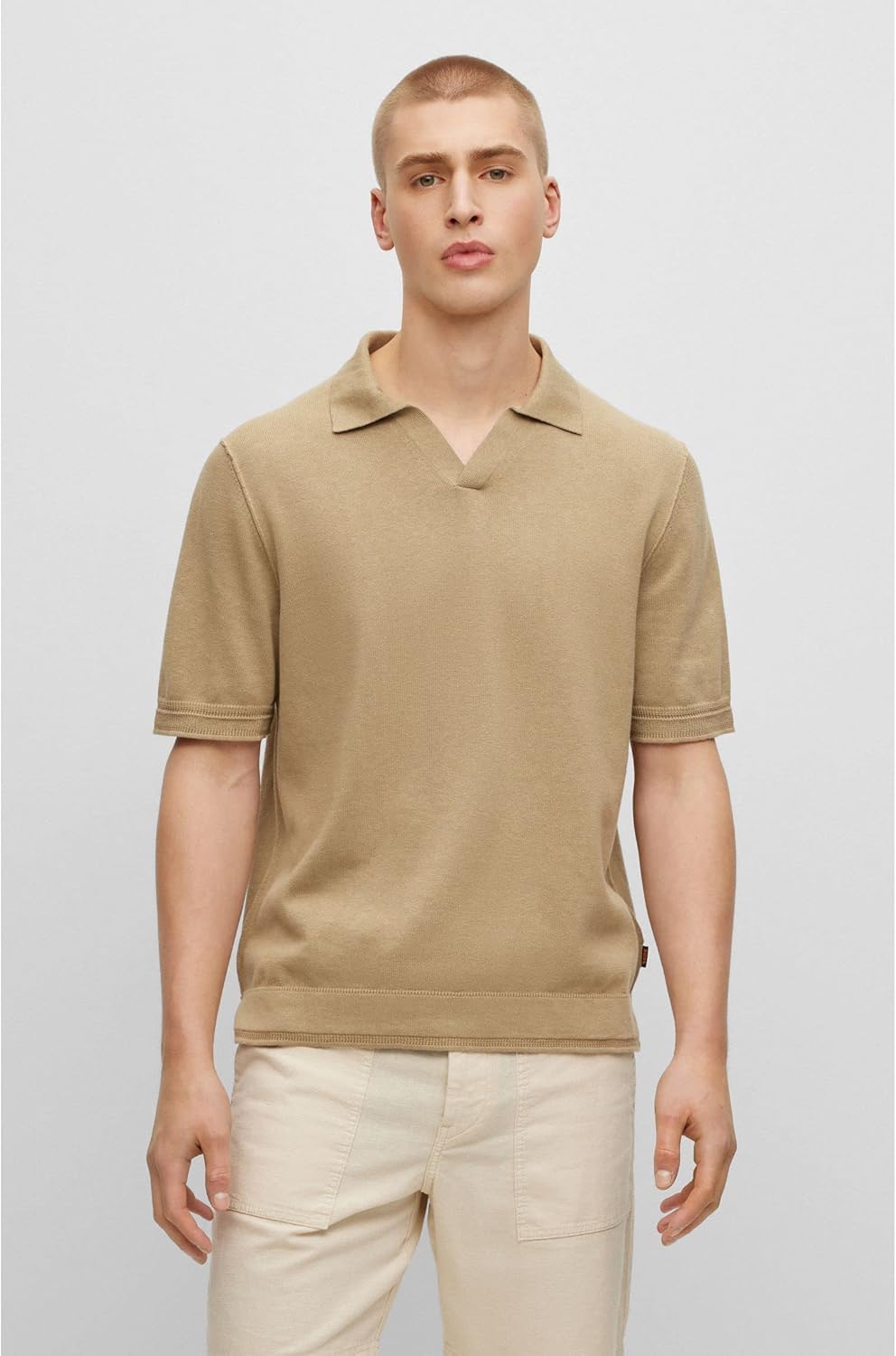 BOSS Herren Anrepolo Kurzarm-Strickpullover aus Baumwoll-Mix mit Kaschmir XL Beige, XL Beige