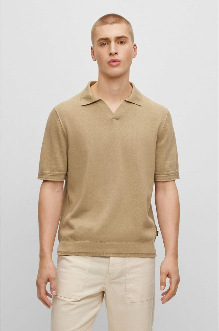 BOSS Herren Anrepolo Kurzarm-Strickpullover aus Baumwoll-Mix mit Kaschmir XL Beige, XL Beige