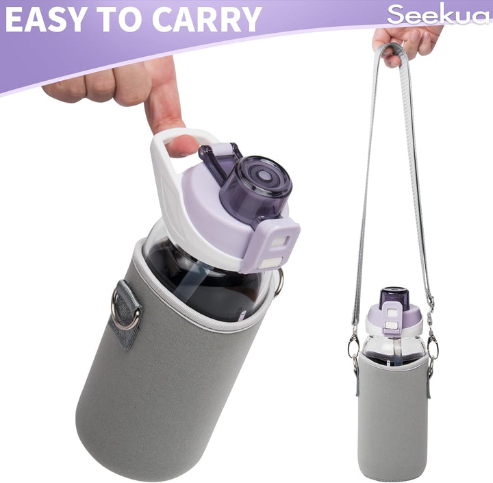 Seekua 0.6l Sport Trinkflasche Glas Flasche mit Strohhalm & Zeitmarkierung für Kinder, Schule 600ml