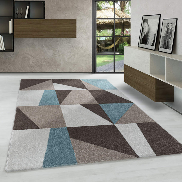 Modern Designer Kurzflor Teppich, Geometrische Karo Design, Läufer Teppich, Braun - Beige - Blau Far