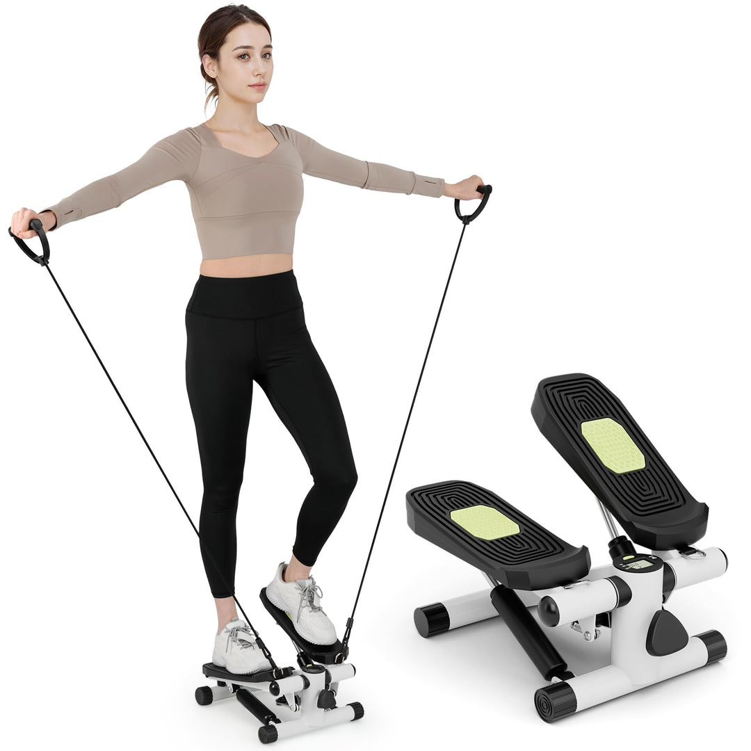 KOMFOTTEU Mini Stepper tragbar, Swing Stepper höhenverstellbar mit Widerstandsbändern, LCD-Bildschir
