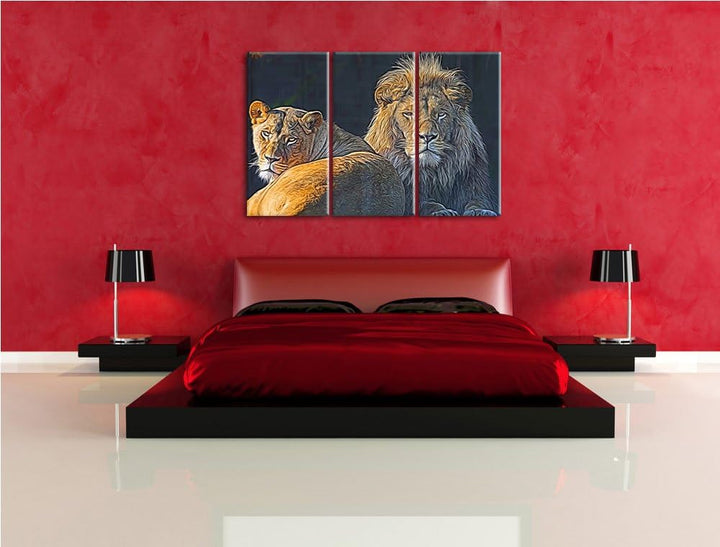 schönes Löwenpaar Spezial 3-Teiler Leinwandbild 120x80 Bild auf Leinwand, XXL riesige Bilder fertig