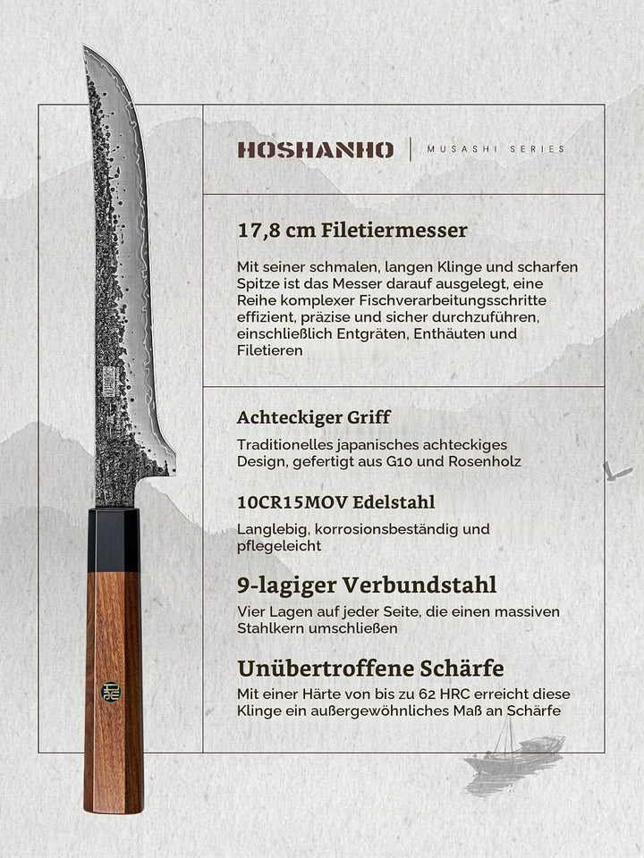 HOSHANHO Filetiermesser 18cm, Superscharfes Japanisches Ausbeinmesser aus Kohlenstoffstahl, Professi