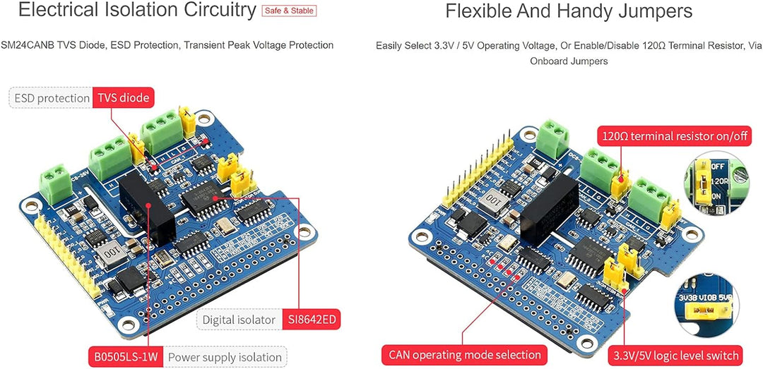 2 Kanal Isolierter CAN Bus FD Expansion HAT für Raspberry Pi, mit MCP2518FD CAN Controller und MCP25