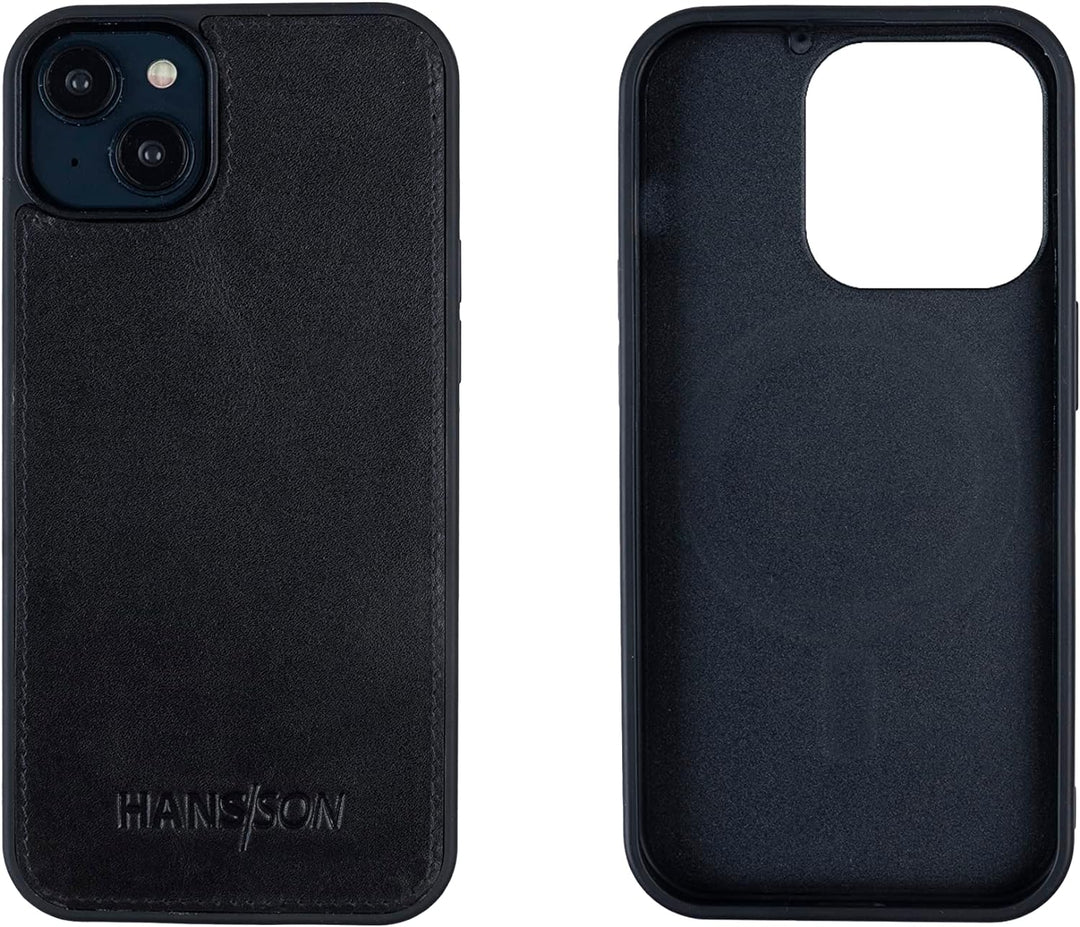 HANS/SON Echtlederhülle für iPhone 14 Plus | Schwarzes Ledercase | 6,7 Zoll | Schmal | Stossfest | L