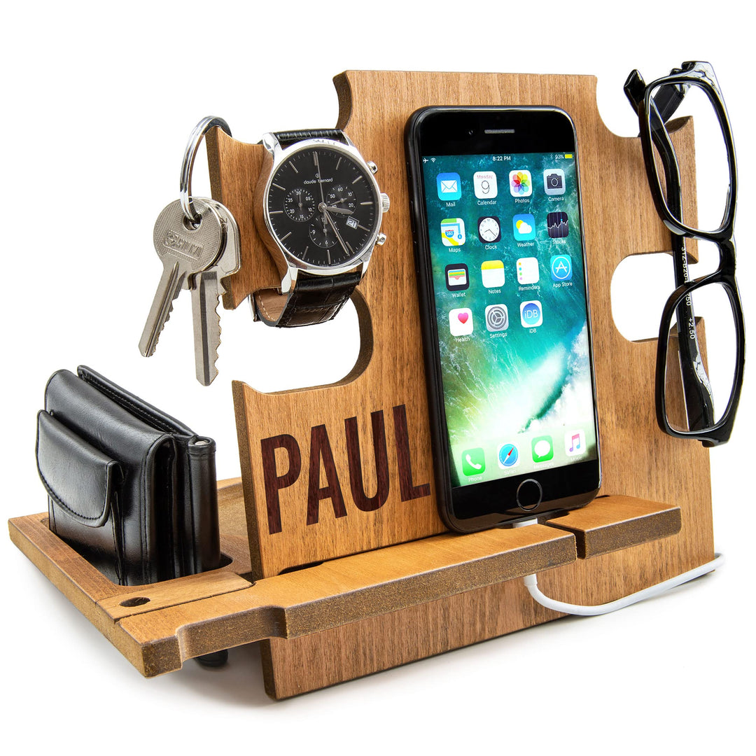 Personalisierte Dockingstation, Smartphone-Ständer - Nachttischhalter aus Holz, Geschenkidee für Män