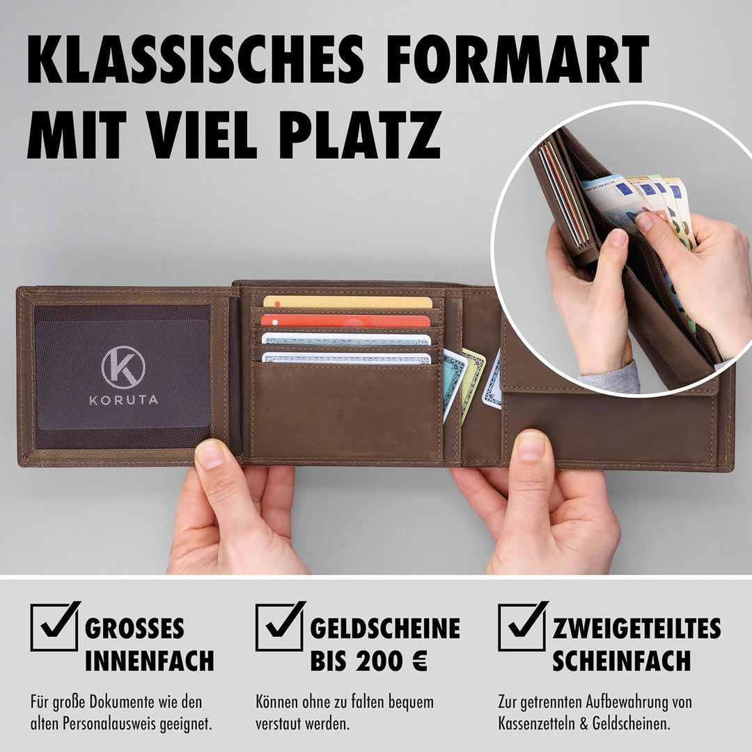 Geldbörse Herren Leder Braun mit RFID Schutz I Echtleder Portemonnaie Gross I 13 Fächer I Geldbeutel