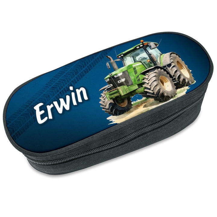 Federmäppchen Traktor mit Name personalisiert, Federtasche in dunkelblau für Jungs und Mädchen, Stif