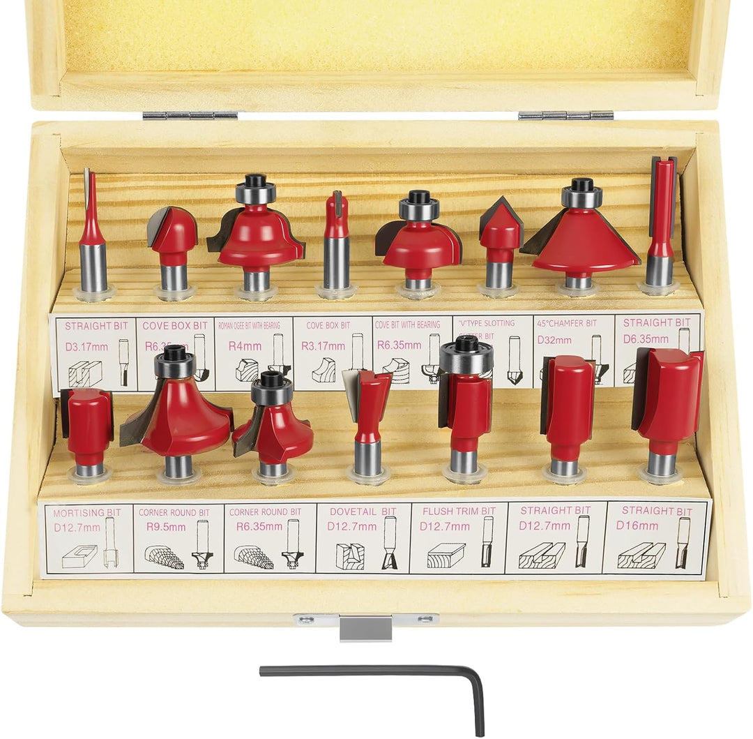 flintronic Fräser-Set, 6.35MM Fräsen Werkzeug Set, 15-tlg Holzkoffer Geschmiedeter Werkzeugstahl Obe