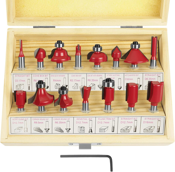 flintronic Fräser-Set, 6.35MM Fräsen Werkzeug Set, 15-tlg Holzkoffer Geschmiedeter Werkzeugstahl Obe
