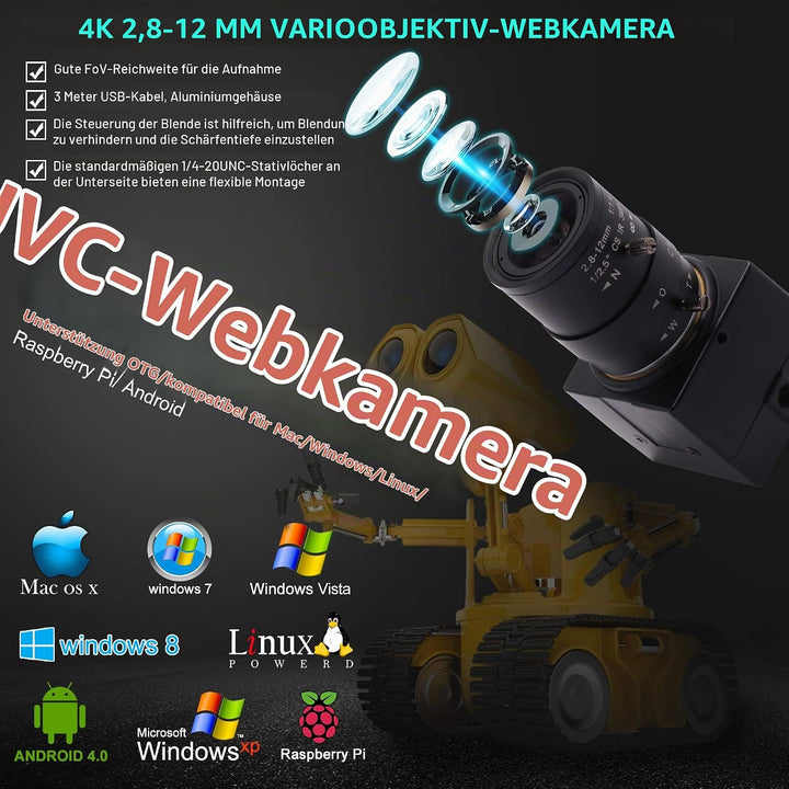 ELP 4K Webcam 30fps,Ultra HD USB Zoom Kamera mit 2.8-12mm Weitwinkel Objektiv,Mini Web Kamera für PC