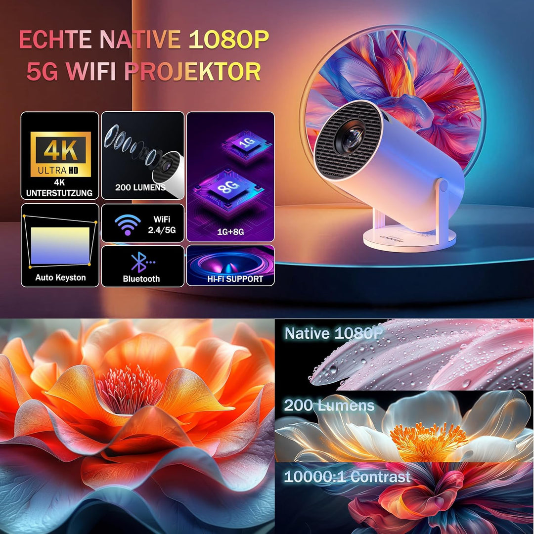 Projector 4K Unterstützt 1080P Full HD Mini Beamer with WiFi 6 mit BT 5.2, Beamer Klein Eingebaute A