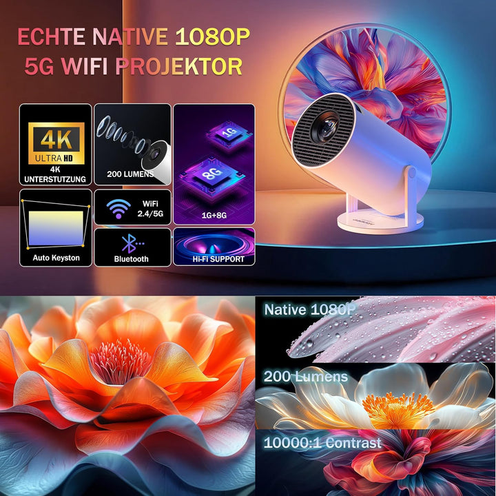 Projector 4K Unterstützt 1080P Full HD Mini Beamer with WiFi 6 mit BT 5.2, Beamer Klein Eingebaute A