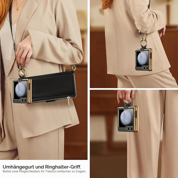 Miimall Lederhülle Kompatibel mit Samsung Galaxy Z Flip 6/Flip7 FE Hülle mit Band+Ring Ständer [HD D