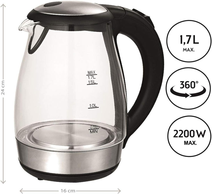 TZS First Austria Glas Wasserkocher 1,7 L, mit Kalkfilter, 2200 Watt, LED Innenbeleuchtung, kabellos