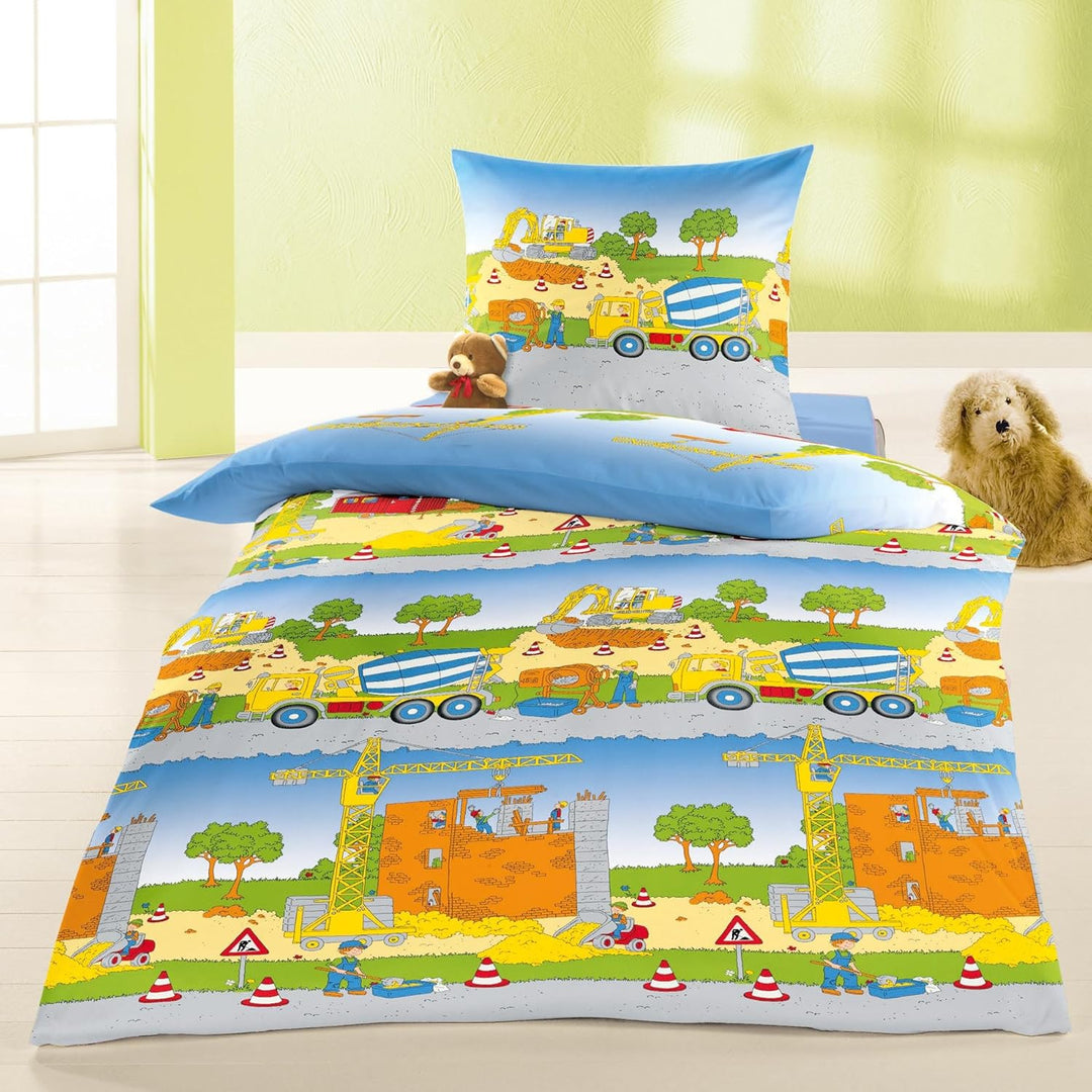 Bierbaum Kinder Fein - Biber Bettwäsche 2 TLG. 135x200cm Baustelle Baufahrzeuge