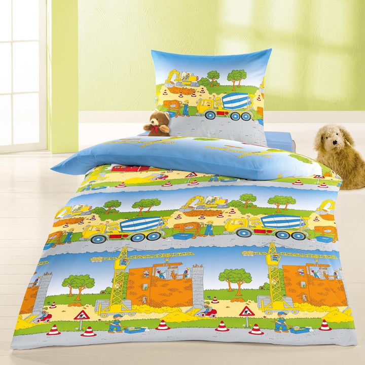 Bierbaum Kinder Fein - Biber Bettwäsche 2 TLG. 135x200cm Baustelle Baufahrzeuge