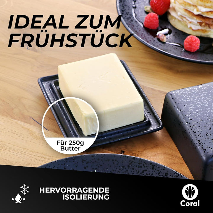 Coral - Butterdose Keramik in Schwarz für 250g Butter (14x12x6,5cm) - Design Butterschale & Butterbo