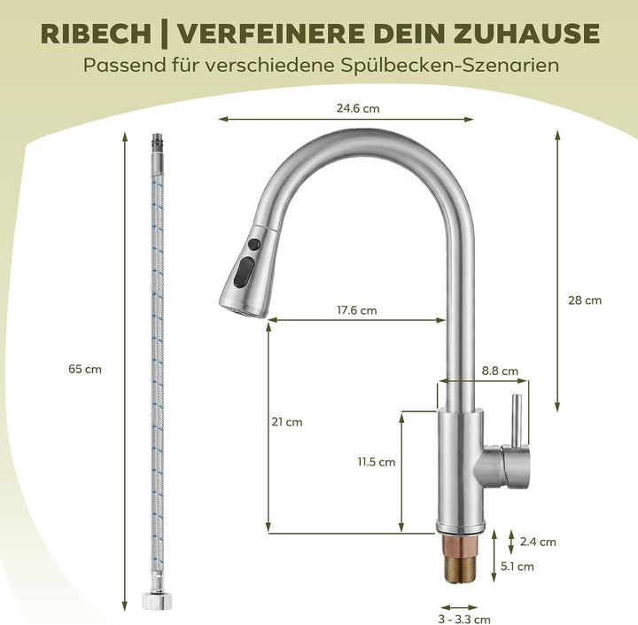 Küchenarmatur mit 3 Modi, Ausziehbare Spülbrause, 360° Schwenkbar, Edelstahl Hochdruck-Wasserhahn mi