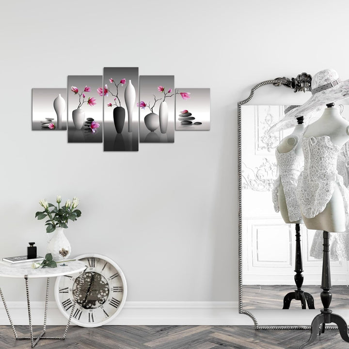 Runa Art Wandbilder Blumen Magnolien 5 Teilig Bild auf Vlies Leinwand Deko Wohnzimmer Spa Rosa Grau