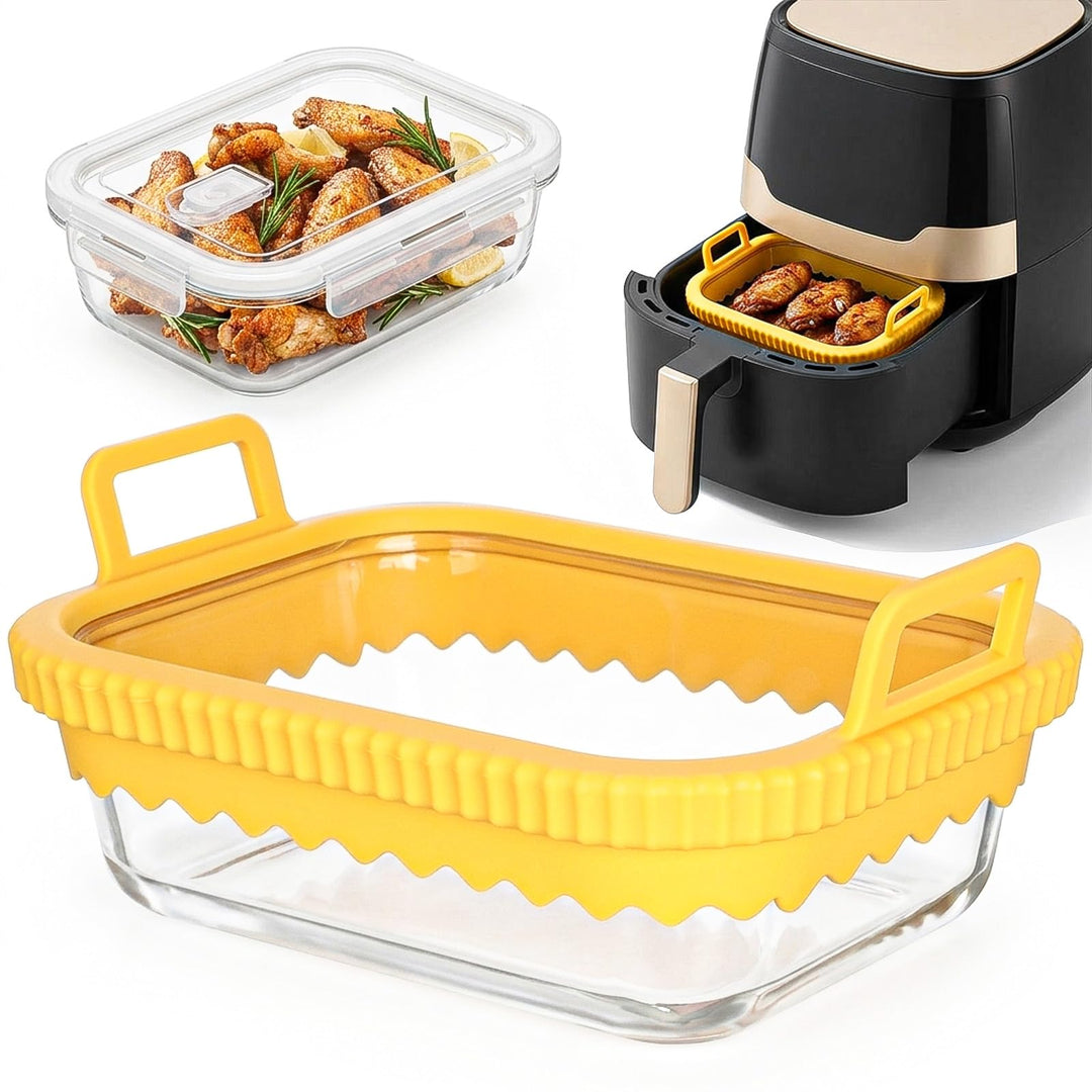 Cozary Glas Auflaufform für Airfryer mit Silikongriff &amp; Deckel, 21x16x6,5cm für Heissluftfritteuse M