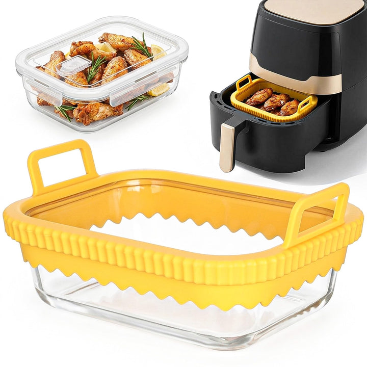 Cozary Glas Auflaufform für Airfryer mit Silikongriff &amp; Deckel, 21x16x6,5cm für Heissluftfritteuse M