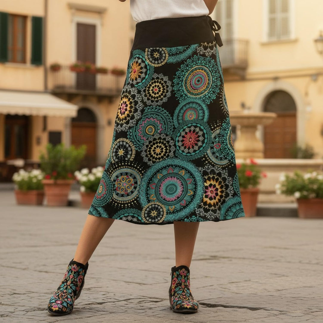 GURU SHOP Bestickter Knielanger Rock, Chic, Retro Mandala - Schwarz, Damen, Baumwolle 38 Petrol, 38