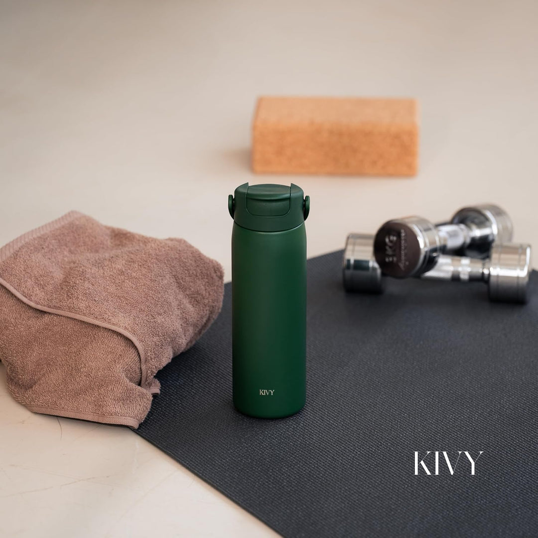 KIVY Edelstahl Trinkflasche mit Strohhalm 700ml - Spülmaschinenfest Dunkelgrün 700 ml, Dunkelgrün 70
