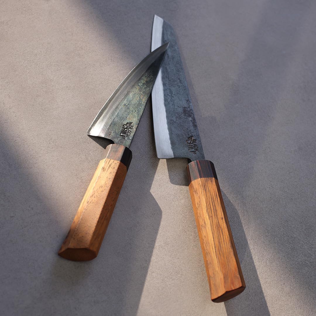 Küchenmesser Set (2-teilig) | Santoku Messer & Gemüsemesser mit Eisenholz Griff | 13 & 17 cm Carbons
