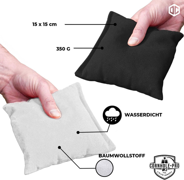 Offizielle Cornhole Bags | 4 Schwarze und 4 weisse Bags | Offizielle Grössen | Premium Qualität | 10