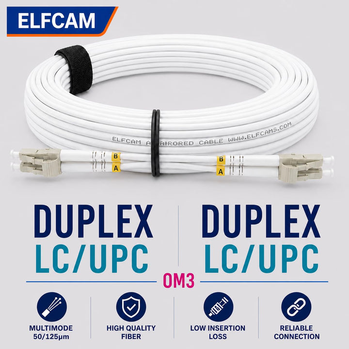 Elfcam® - LWL Glasfaser-Kabel LC/UPC auf LC/UPC 50/125um OM3 Multimode Duplex LSZH, Farbe Weiss, 100
