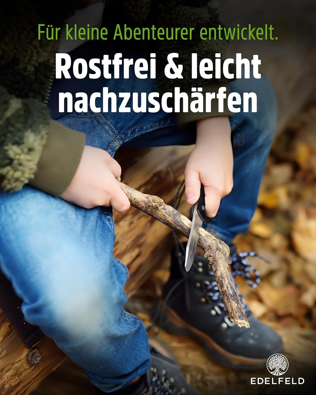 EDELFELD - Das Original - Schnitzmesser Kinder ab 6 Jahre - Sicheres Taschenmesser Kinder mit Finger