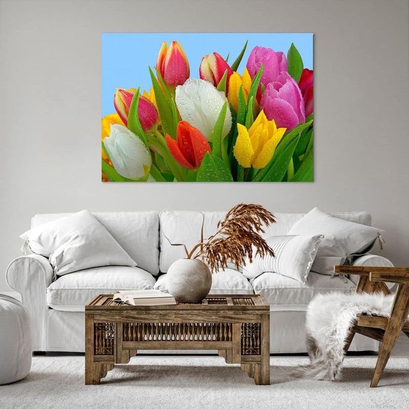 Bilder auf Leinwand 100x70cm Leinwandbild Tulpen Blumenstrauss Blumen Tau Gross Wanddeko Bild Schlaf