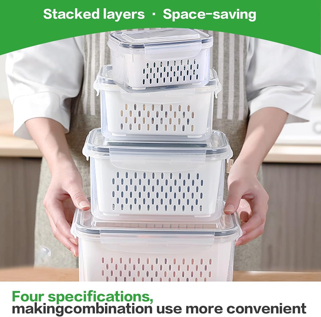 Kühlschrank Organizer 4er Set – Frischhaltedosen mit Deckel & Siebeinsatz (380+800+1700+3150ml) – St