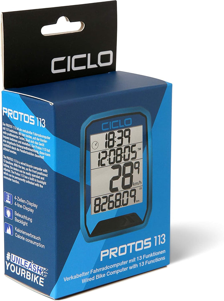 CICLO PROTOS 113 verkabelter Fahrradcomputer, mit 13 Funktionen in blau, in blau