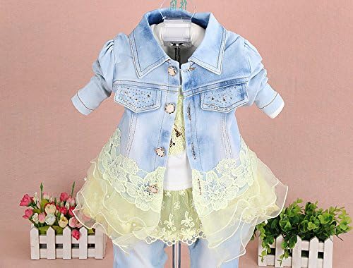 Yao Baby kleidung,Baby Mädchen Kleidungsset 3tlg Button-Stil Jeansjacke gestickte langarm T-Shirt un