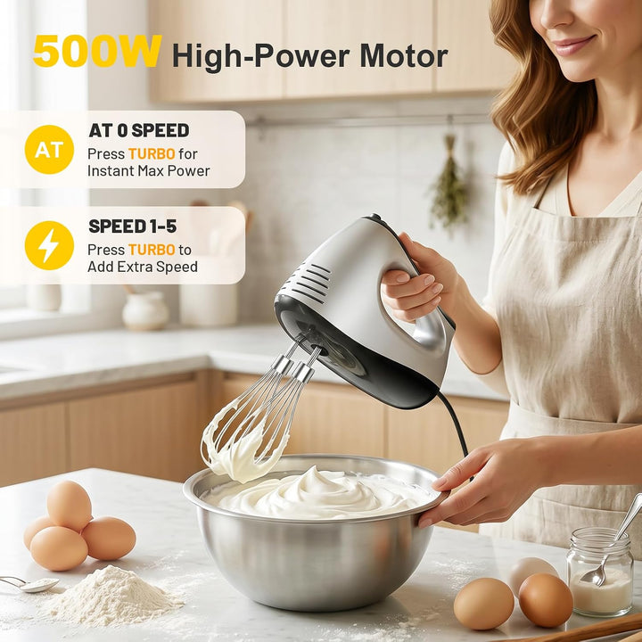 Handmixer Elektrisch 500W mit 5 Geschwindigkeiten &amp; Turbinenfunktion Inkl. 2 Quirlen, 2 Knethaken, 2